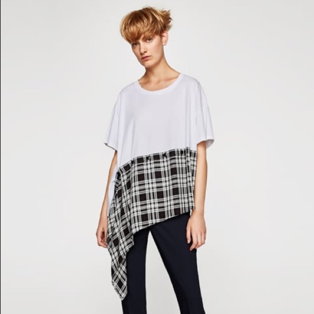 Zara T-shirt Combined Checked Asymmetric Style
